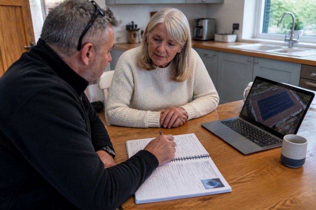 Homeowner and surveyor reviewing a checklist to compare solar panel quotes at a kitchen table