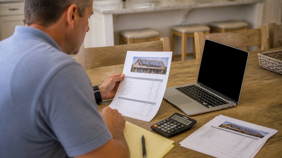 Homeowner reviewing a printed solar quote at a kitchen table with laptop and calculator nearby, examining equipment specifications and cost breakdowns with focused attention