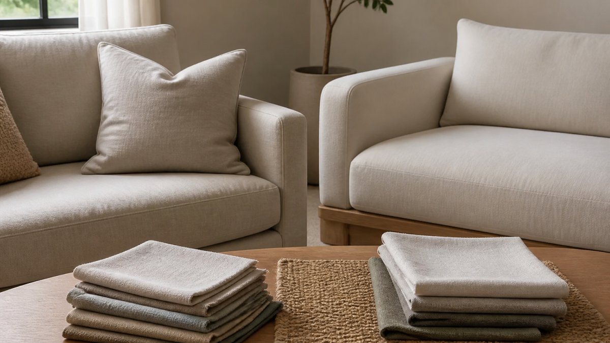 A calm living room corner with a linen-covered sofa, a woven jute rug and a stack of fabric swatches on a low wooden table, soft daylight from a side window