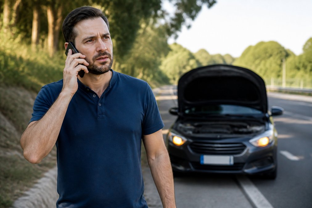 Person standing beside a disabled vehicle on the roadside, holding a smartphone to their ear while speaking with a towing dispatcher, with the vehicle's hazard lights visible and trees in the background