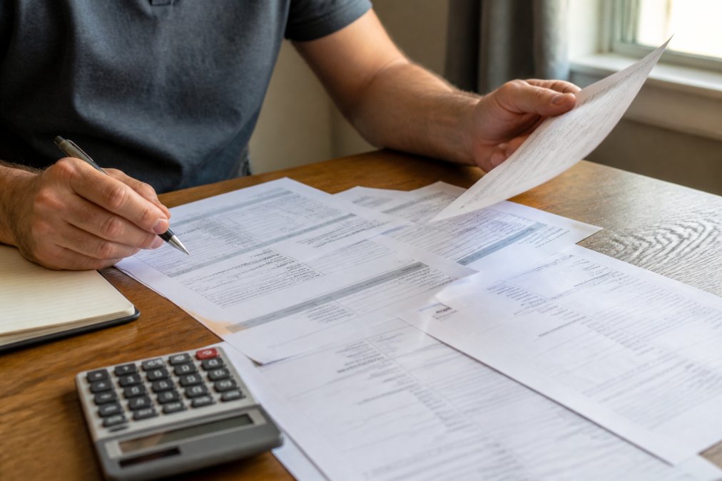 Close-up of a person's hands reviewing multiple printed towing quotes and estimates spread across a table, with a notepad, pen, and calculator visible, natural afternoon lighting from a window