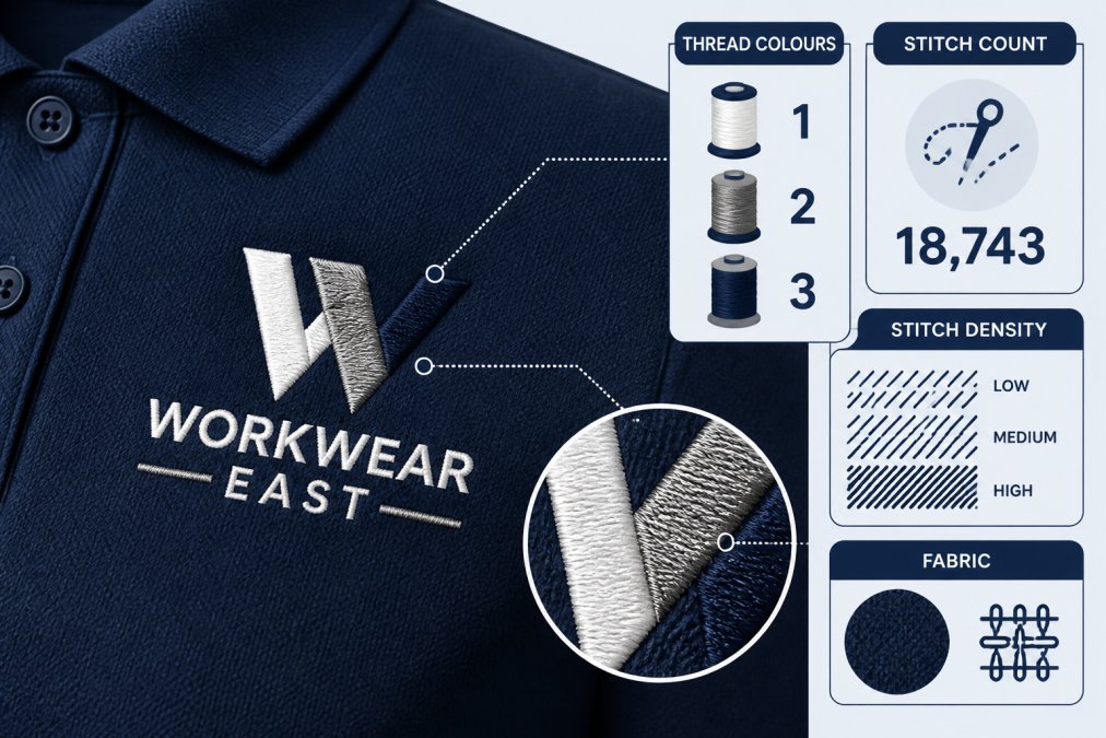 Close-up of embroidered polo shirt with detailed multi-colour company logo showing thread colours, stitch density, and fabric texture under natural lighting