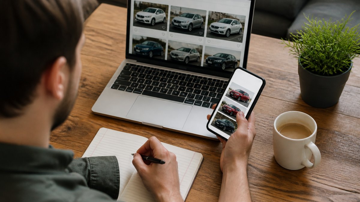 A buyer reviewing used car listings on a smartphone and laptop at home, with a notebook of vehicle details and a cup of coffee nearby on a wooden desk