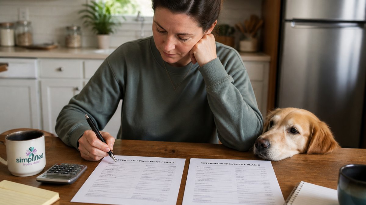 A pet owner sitting at a kitchen table with two printed veterinary estimates side by side, a pen in hand, and a dog resting nearby