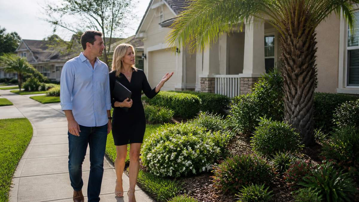 Professional real estate agent and prospective homebuyer walking through a residential neighborhood, examining a home's exterior and mature landscaping on a bright, sunny afternoon