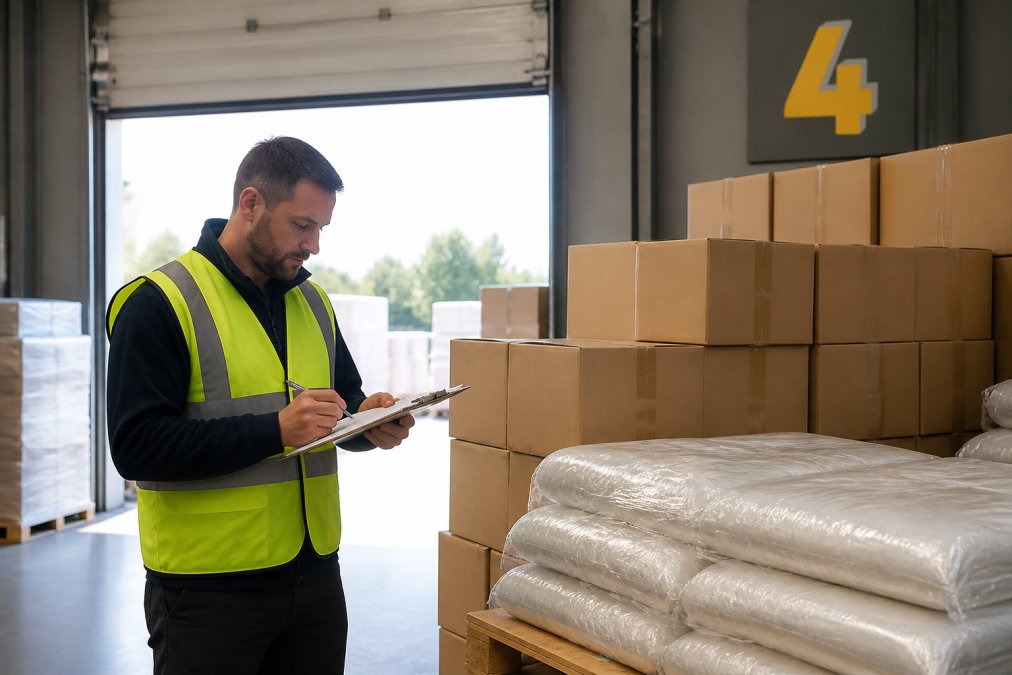 A warehouse manager in a high-vis vest inspecting a stack of corrugated cardboard boxes and a pallet of polythene bags, with a clipboard and pen in hand, natural light from a loading bay door behind