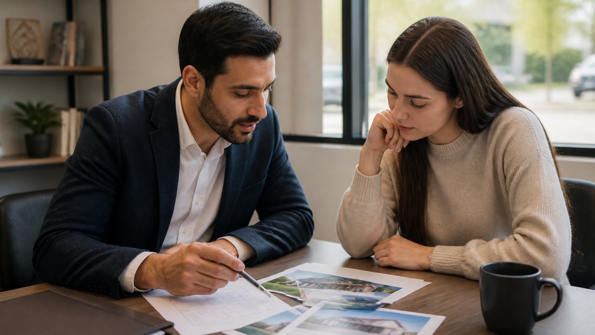 Real estate agent and buyer discussing strategy to compete with cash buyers while reviewing property documents