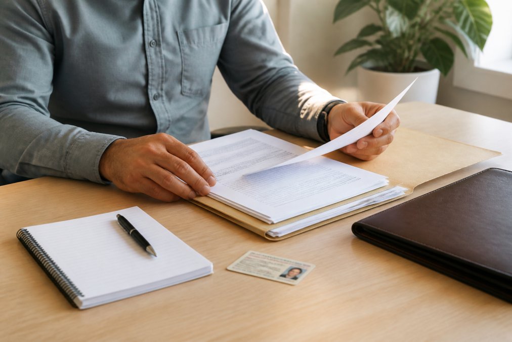 A person sitting at a clean desk organizing printed documents and a folder before a counseling appointment, with a pen, notepad, and identification card visible under warm office lighting