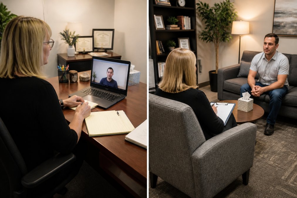 A licensed counselor in a tidy, well-lit office conducting a video call session on a laptop, with a notepad and credentials visible on the desk behind them