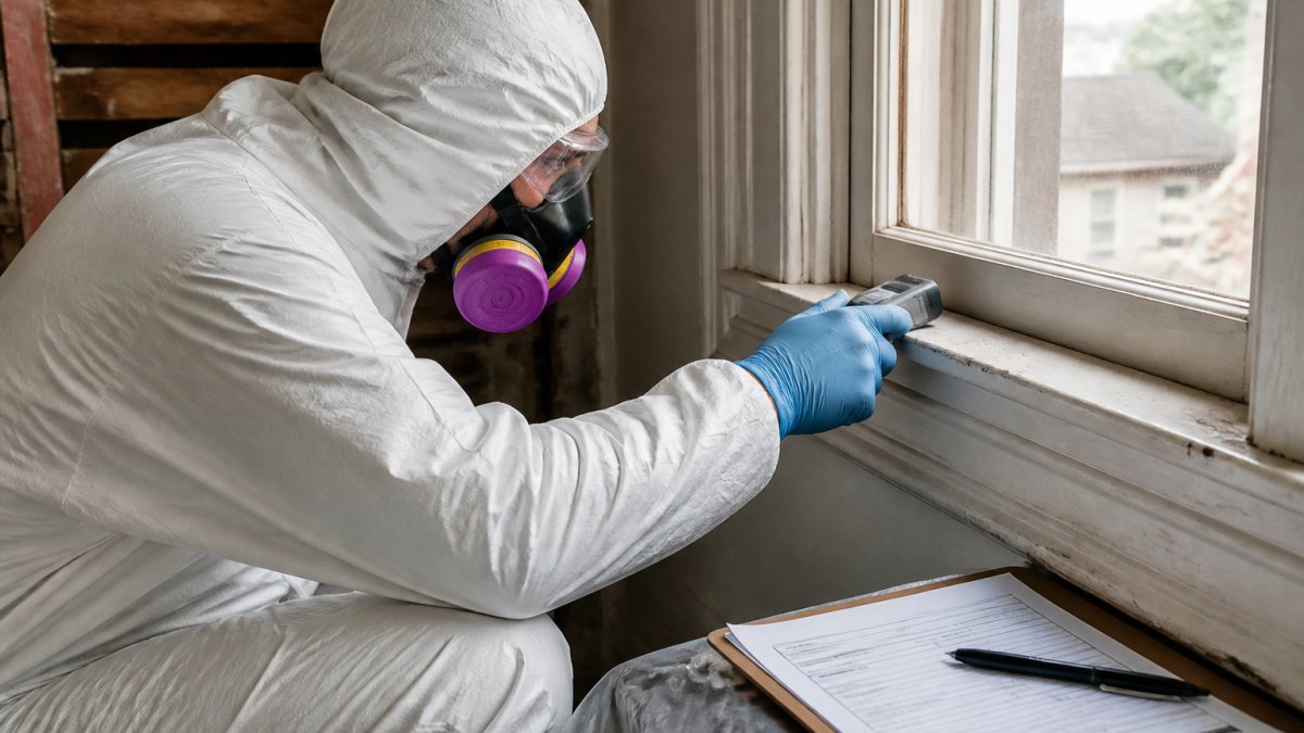 A certified inspector in protective gear using a testing tool on painted window trim inside an older home, with a clipboard and documentation visible nearby