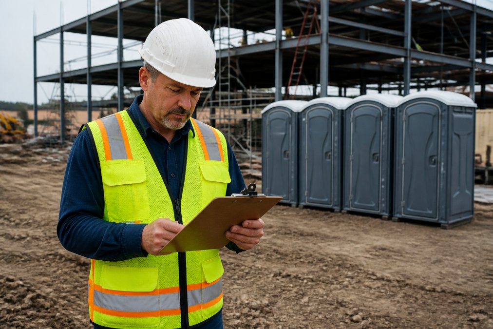 A construction site manager in a hard hat and safety vest reviewing a clipboard with sanitation requirements while portable restrooms are visible in the background on an active building site