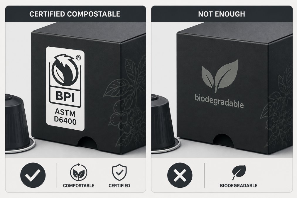 Comparison of certified compost coffee pods versus vague biodegradable labels using BPI and ASTM standards.