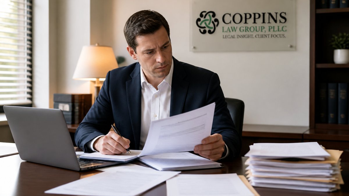 Professional reviewing documents and personal records at a desk with a laptop, taking notes while checking background information and employment history