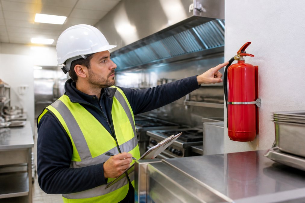 Safety officer inspecting a commercial kitchen fire extinguisher during a commercial fire risk assessment.