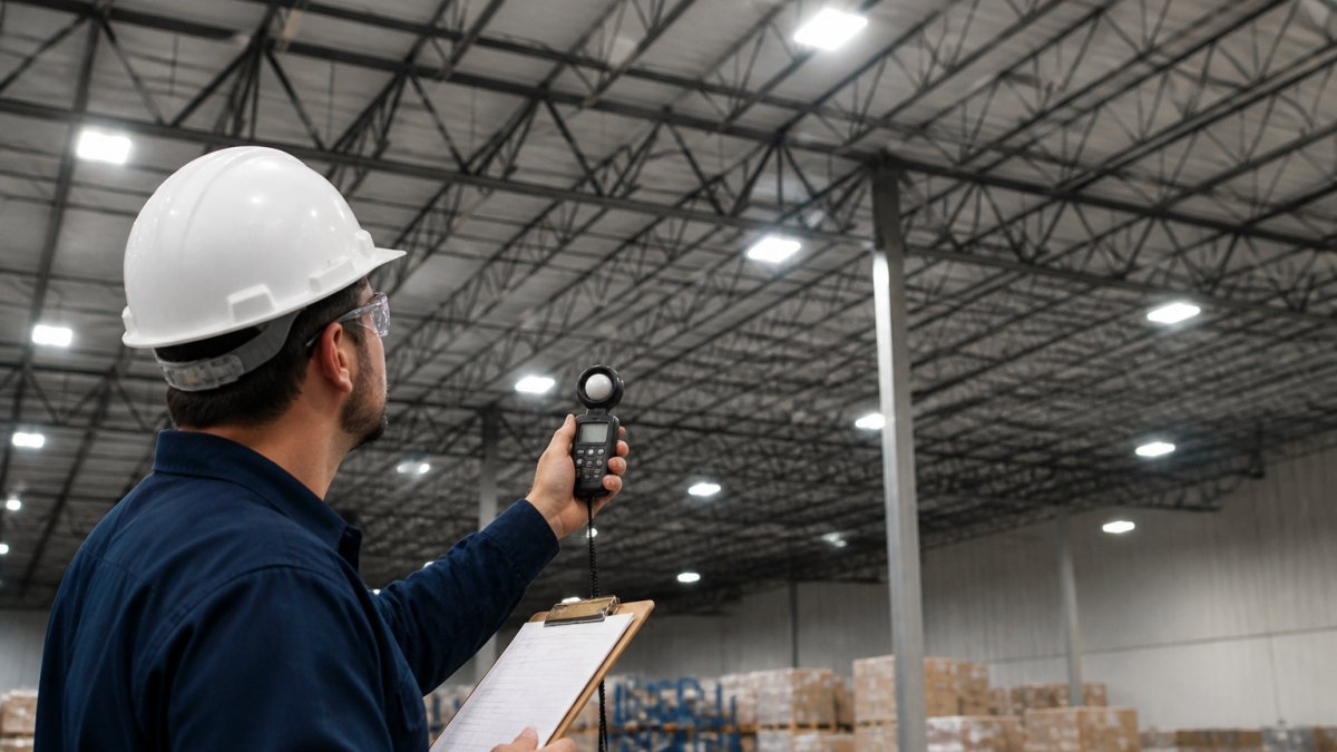 Professional facility manager holding a clipboard and light meter, inspecting high-bay warehouse fixtures mounted 30+ feet overhead, with industrial lighting fixtures visible in the background