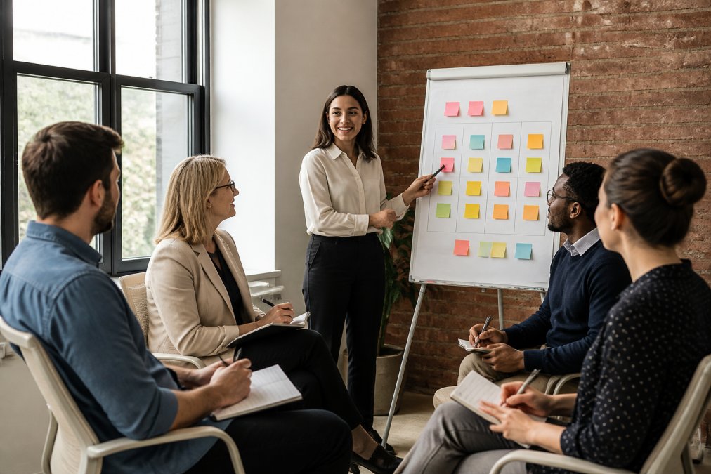 Facilitator leading a DiSC workshop agenda with a group taking notes in a bright office meeting room