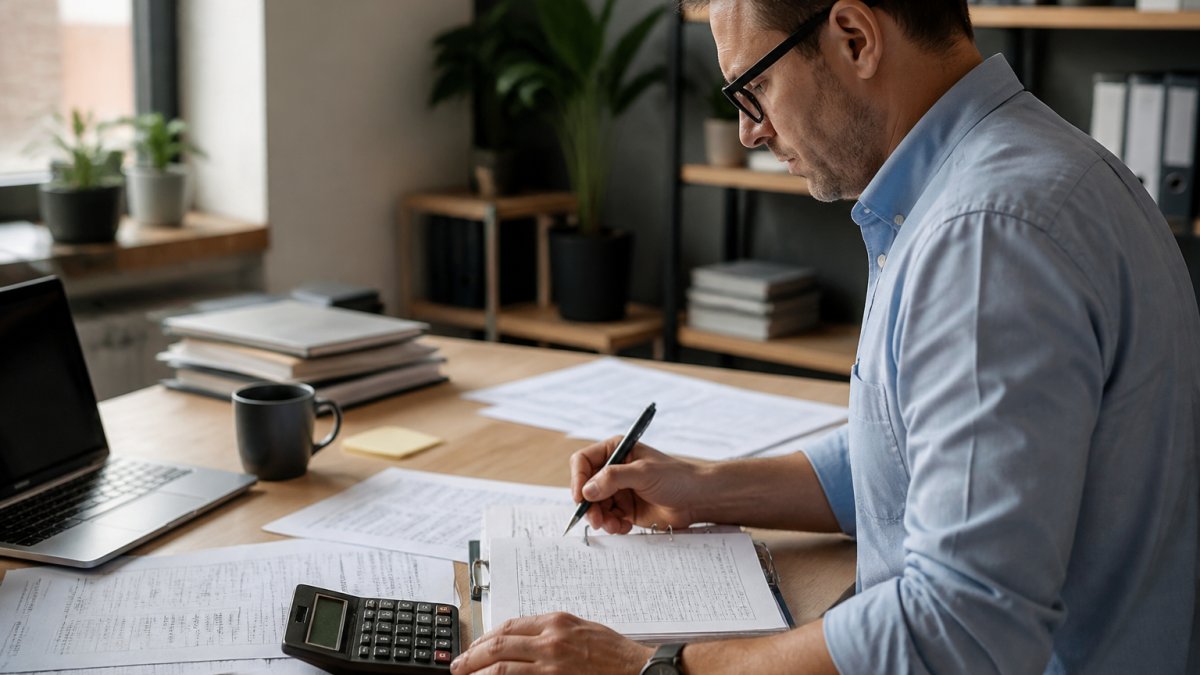 Business owner or financial consultant reviewing monthly income statements and spreadsheets at desk with calculator, pen, and coffee, examining profit and loss trends on computer screen with natural office lighting