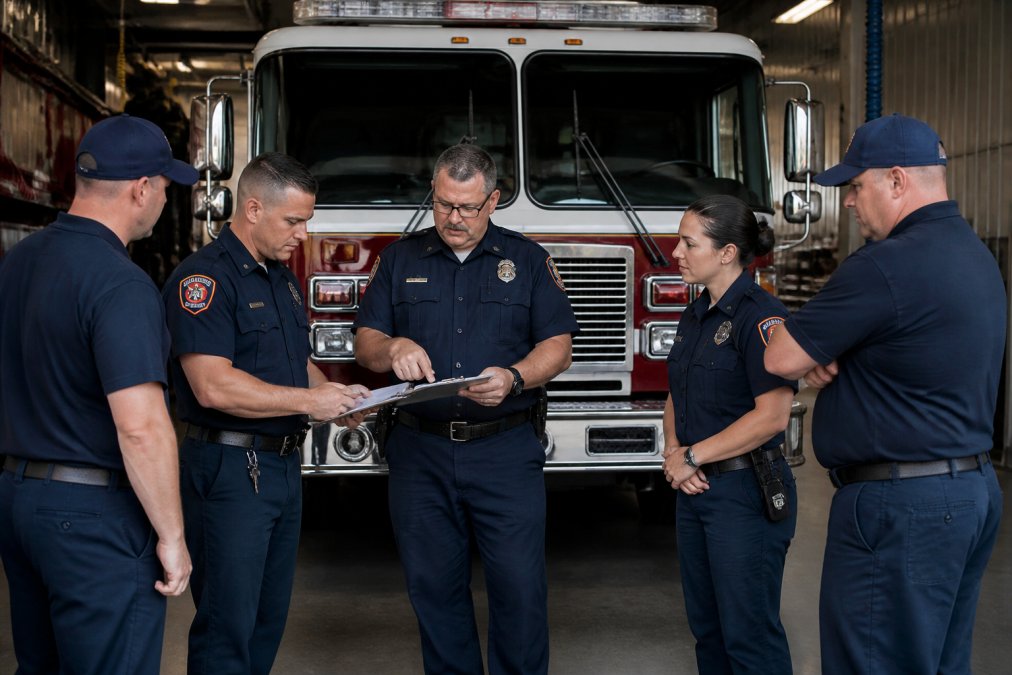 Fire chief and crew members gathered around a new fire engine in the apparatus bay, reviewing ceremony plans and discussing logistics with focused attention, natural station lighting