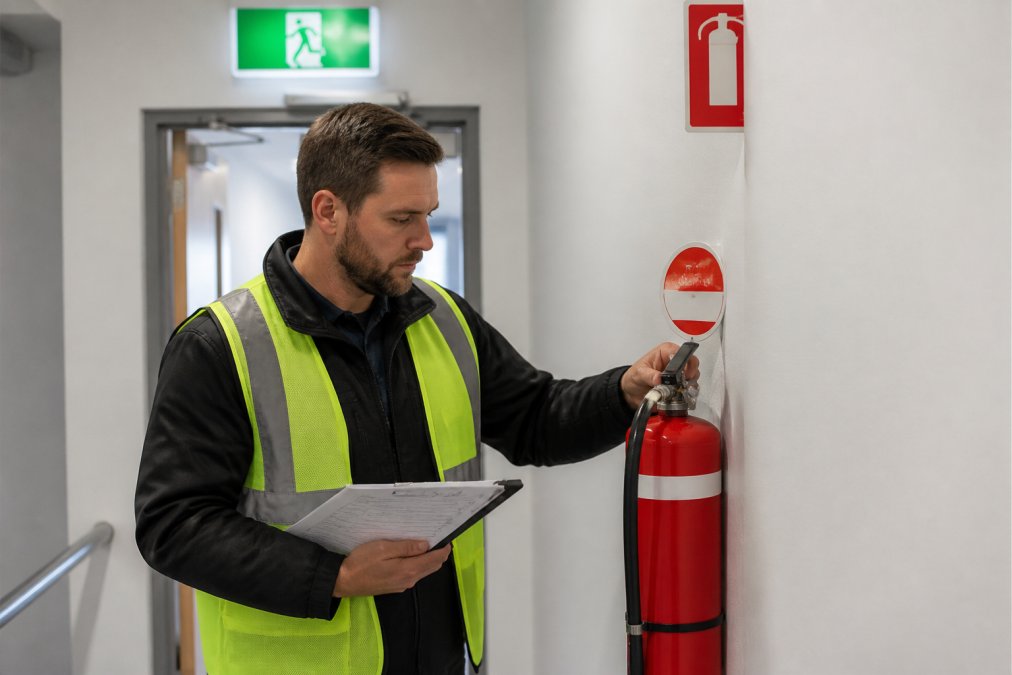 Fire safety inspector checking equipment during a fire safety audit in a Queensland commercial building corridor