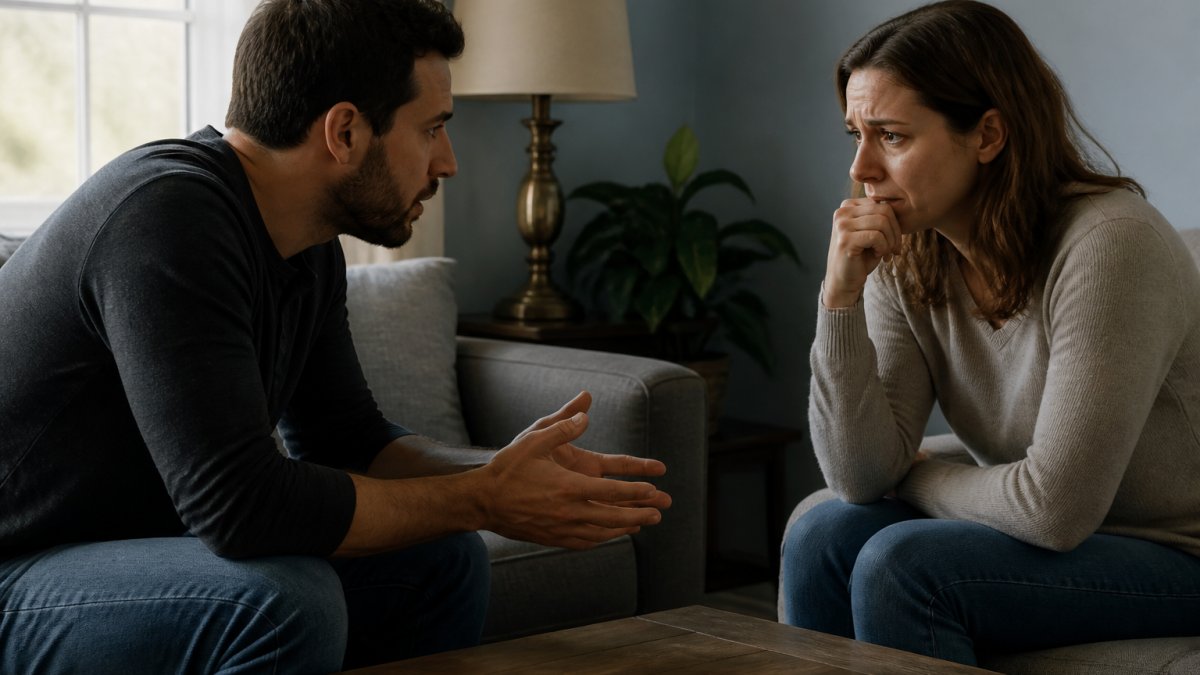 Two people having a serious, emotional conversation while learning how to conduct a full disclosure for infidelity.