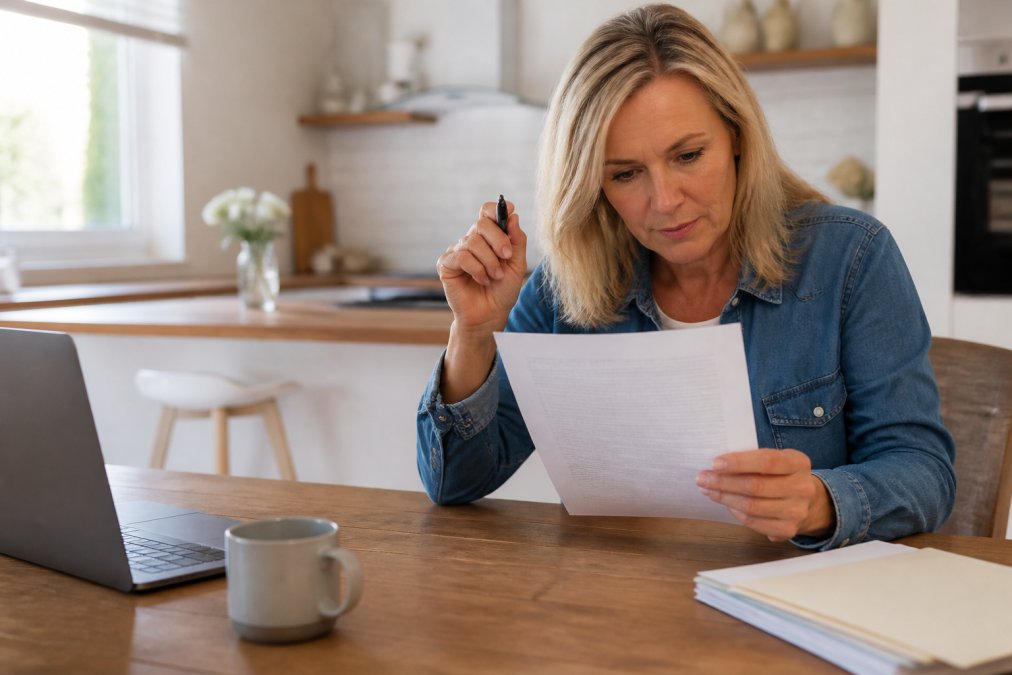 A homeowner sitting at a kitchen table in the morning light, reviewing a printed insurance policy document next to a laptop and a cup of coffee, with a pen in hand