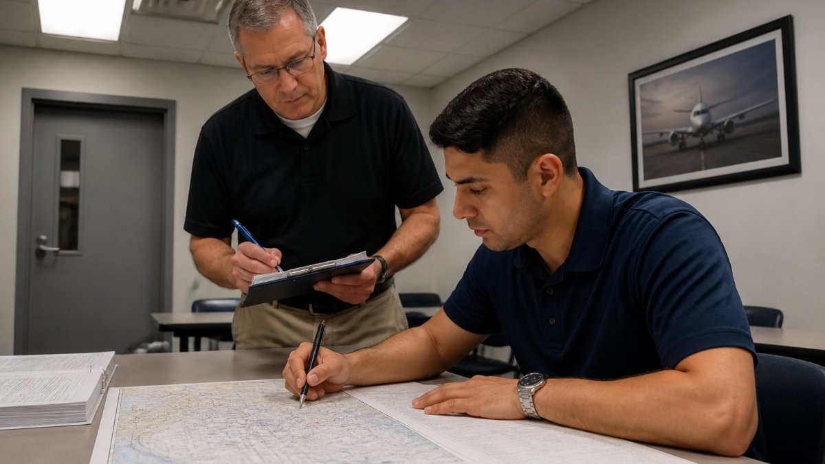 A flight dispatcher candidate at a desk reviewing a printed flight plan and weather charts while an instructor observes and takes notes nearby, overhead fluorescent lighting in a small training room