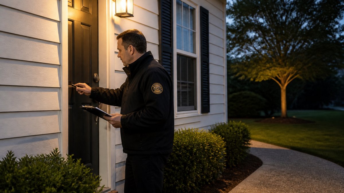 Homeowner checking door locks and windows for a home security risk assessment at dusk
