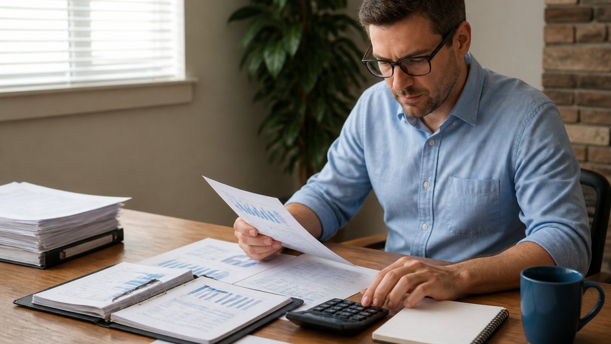 Business owner reviewing financial statements and spreadsheets for a profit margin analysis at a desk.