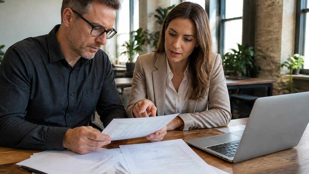 Advisor and business owner reviewing financial spreadsheets for a profit margin analysis diagram