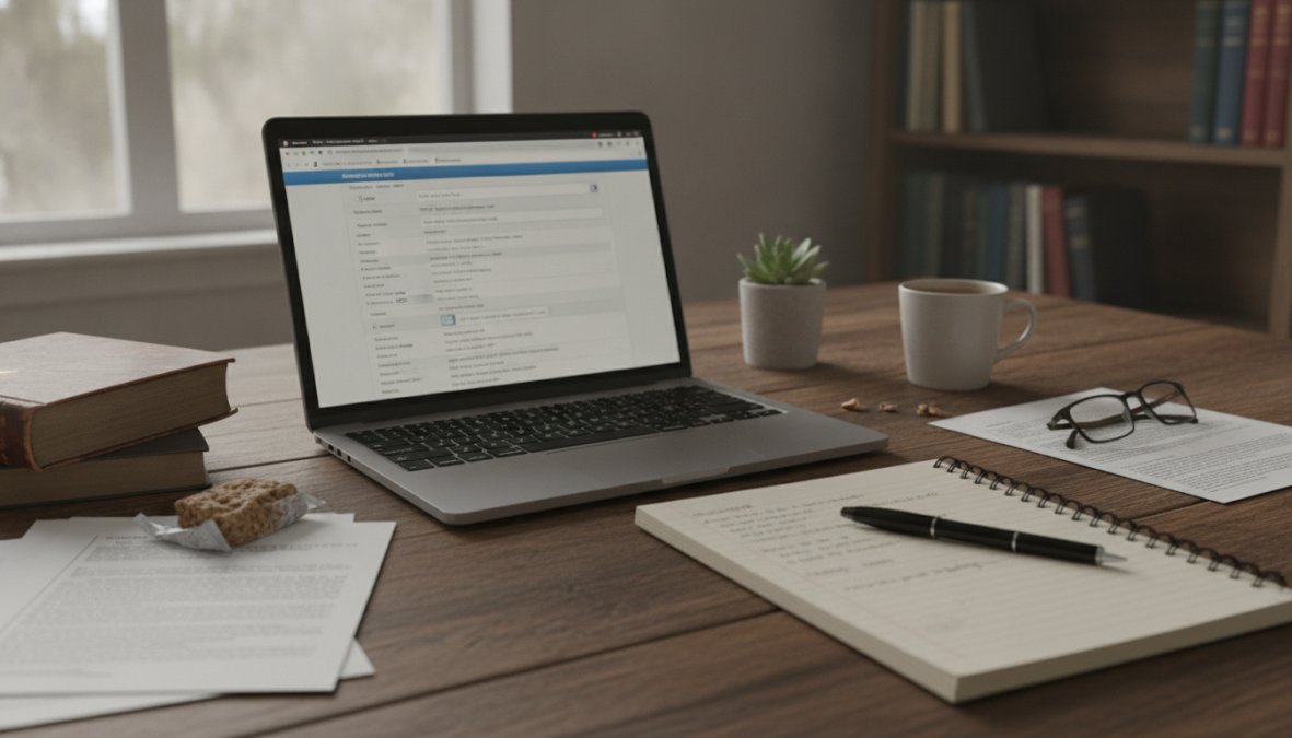 Business owner at desk reviewing trademark search results on computer screen with notepad and pen nearby, natural office lighting