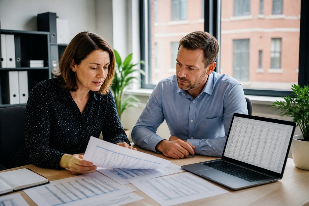 An HR manager and a department head reviewing printed skills matrices at a desk in a bright office, with a laptop open showing a spreadsheet of employee competencies