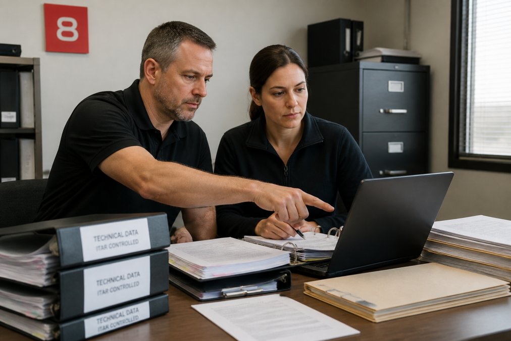 Two compliance officers reviewing export control binders at a desk in a secure office, one pointing at a laptop checklist, folders marked with technical data labels, soft overhead lighting