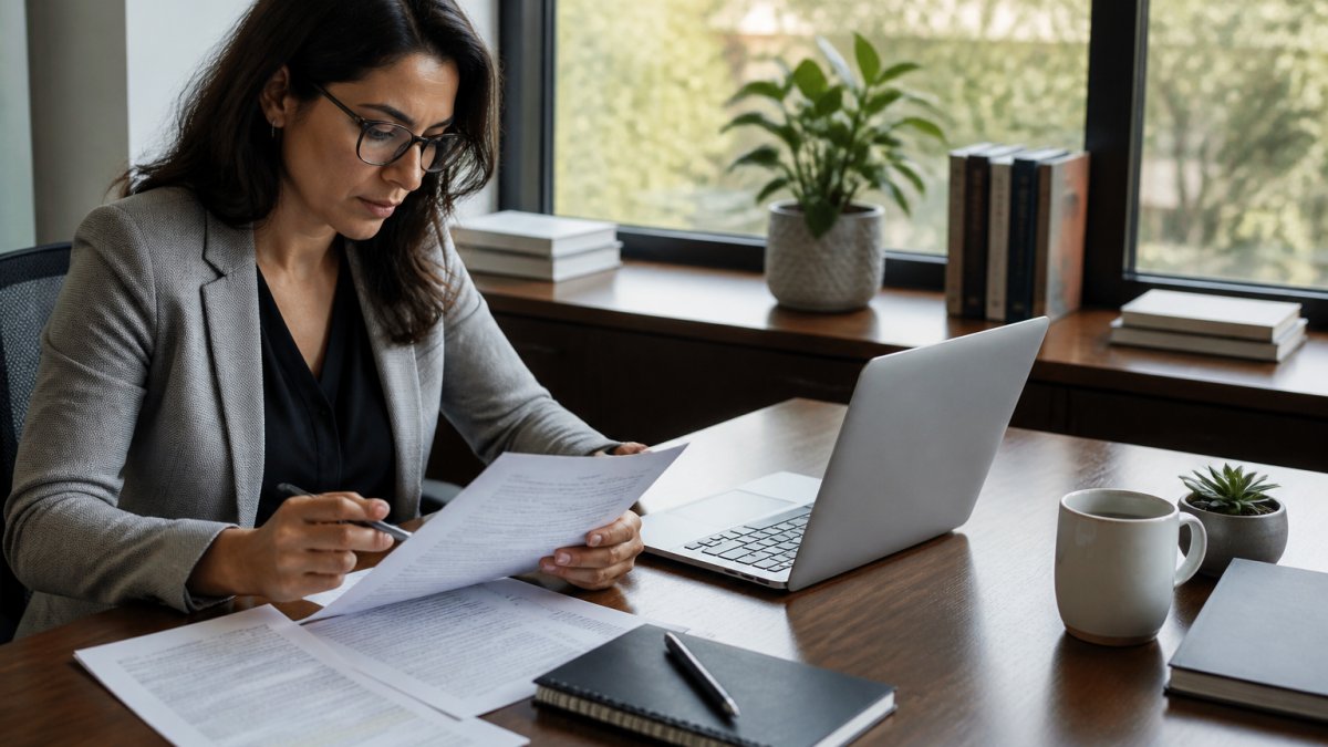 Manager reviewing printed performance notes and a digital review form at a sunlit office desk