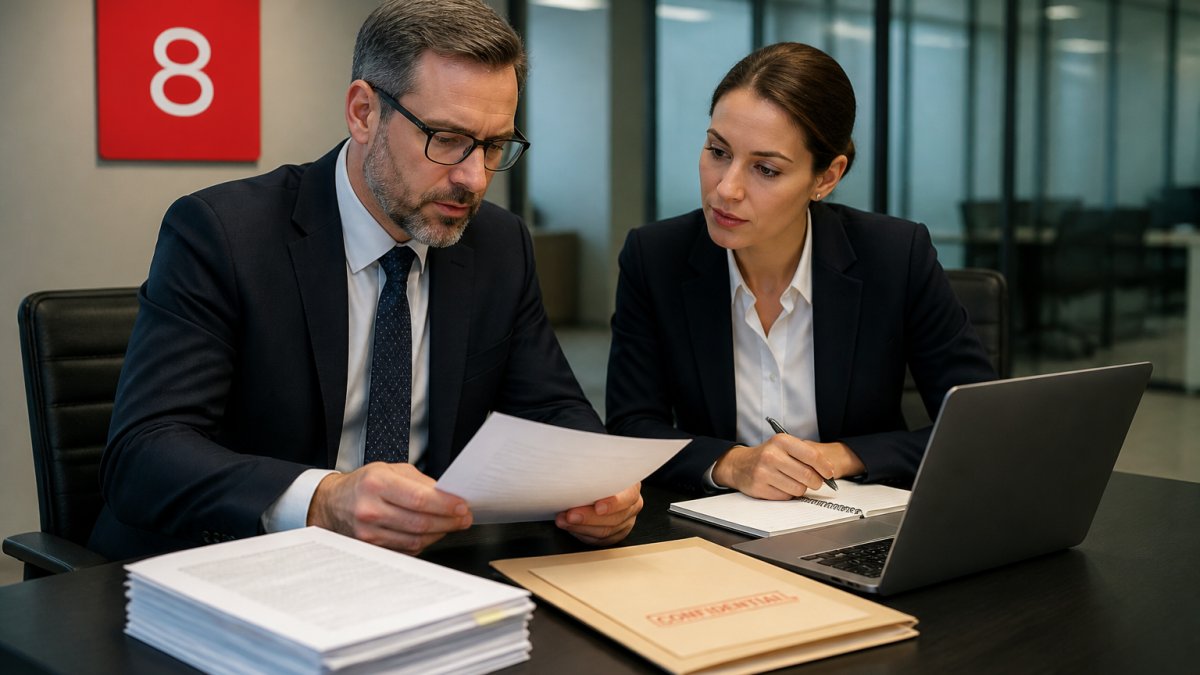 Two procurement professionals in formal business attire reviewing supplier documents and a laptop at a meeting table in a secure office, printed compliance files and a folder marked confidential nearby