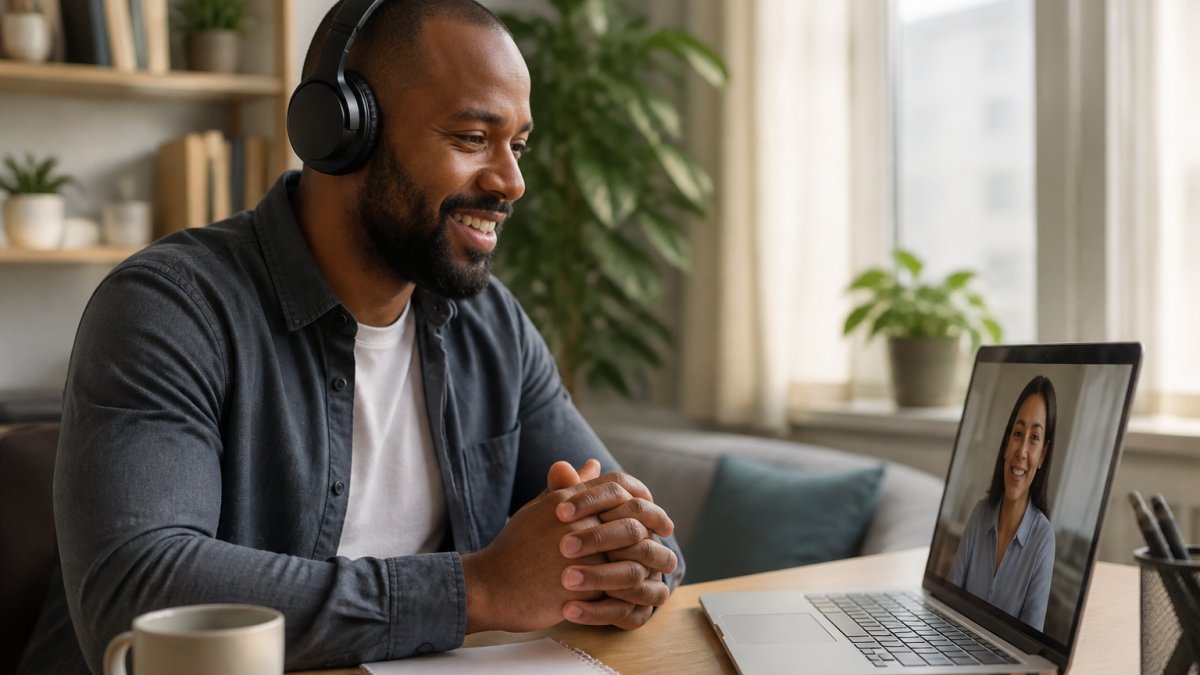 Manager wearing headphones smiling during a remote one-on-one video call at a tidy home office desk.