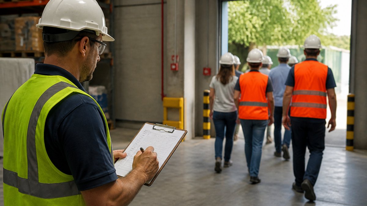 Factory floor supervisor in a hard hat and safety vest holding a clipboard and checking off items while workers walk toward a marked exit in the background