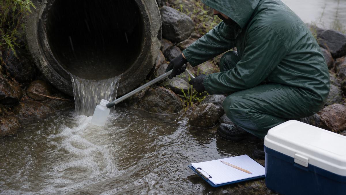 A person in a rain shell and nitrile gloves holding a sampling pole with a clean bottle under a stormwater outfall pipe during rain, clipboard and sample cooler visible on the ground nearby