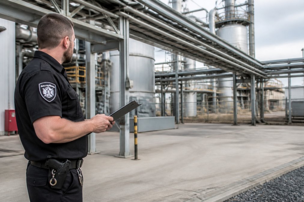 Security professional conducting workplace inspection at industrial site, holding clipboard and examining equipment, structural elements, and work areas with focused attention to detail