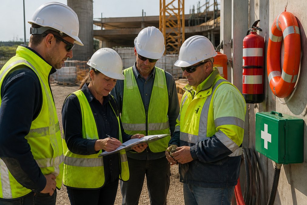 Team of workers and supervisors reviewing safety protocols together on site, examining visible safety equipment, signage, and control measures with documentation in hand