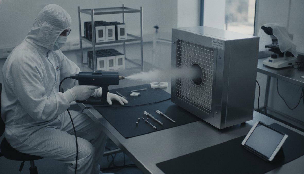 Technician in protective gown and gloves conducting smoke visualization study in pharmaceutical cleanroom, releasing smoke near HEPA filter diffuser while video camera on tripod captures airflow patterns with bright backlighting illuminating the smoke plume