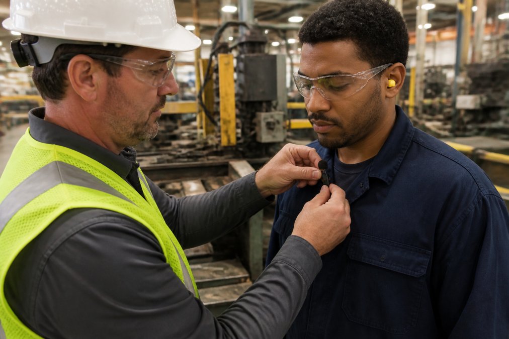 Safety manager attaching a noise dosimetry microphone to a factory worker's collar on a production floor
