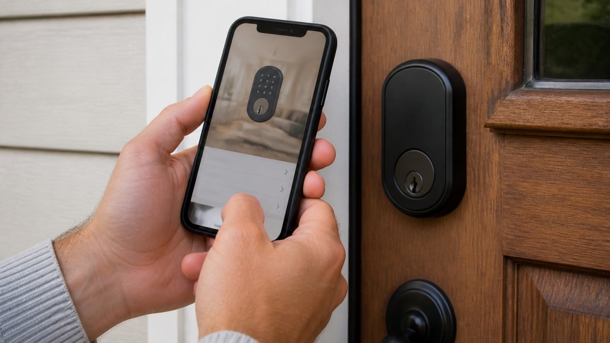 Step-by-step diagram showing a smartphone connecting a smart lock to a home Wi-Fi network during setup