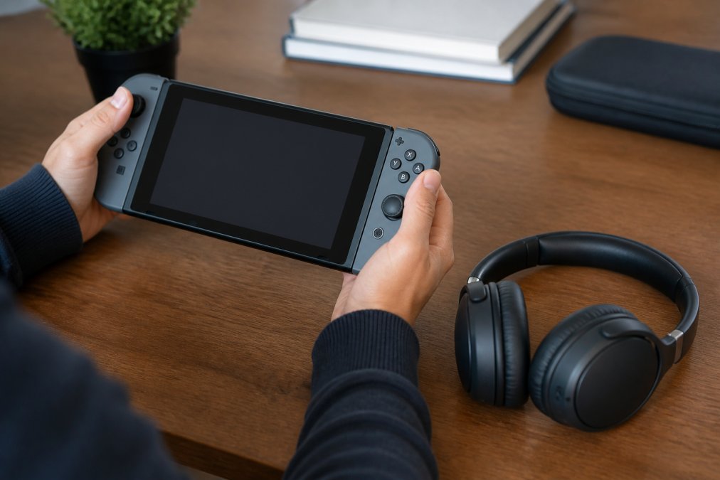 Close-up of hands holding a Nintendo Switch console with Bluetooth headphones resting beside it on a wooden desk, soft natural lighting
