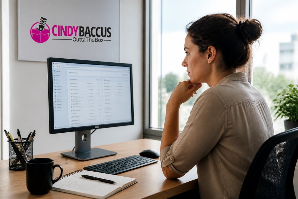 Marketing professional at desk reviewing Google Ads conversion settings on a computer monitor, with campaign notes and coffee nearby in a modern office with natural window lighting