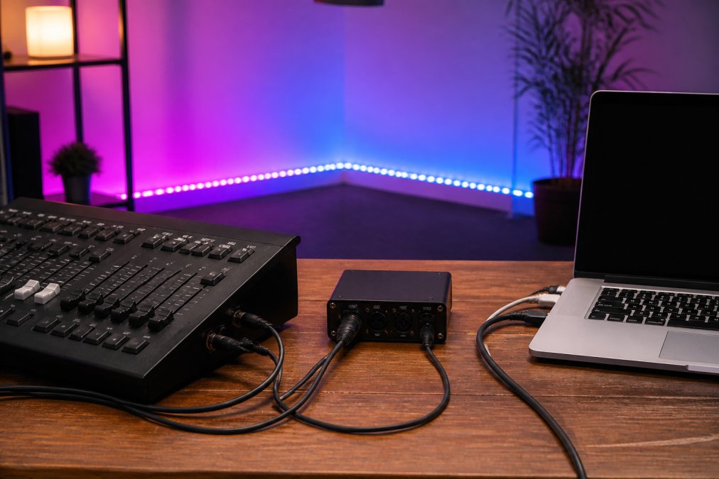 A lighting console and a DMX Smart Link HUB device on a table, connected to a laptop running lighting software, with Govee LED strip lights glowing in the background