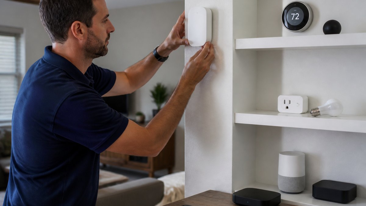 A homeowner installing a smart home hub in a living room, with a smartphone displaying a smart home app nearby, and various smart accessories like a thermostat and smart outlet visible on shelves in the background