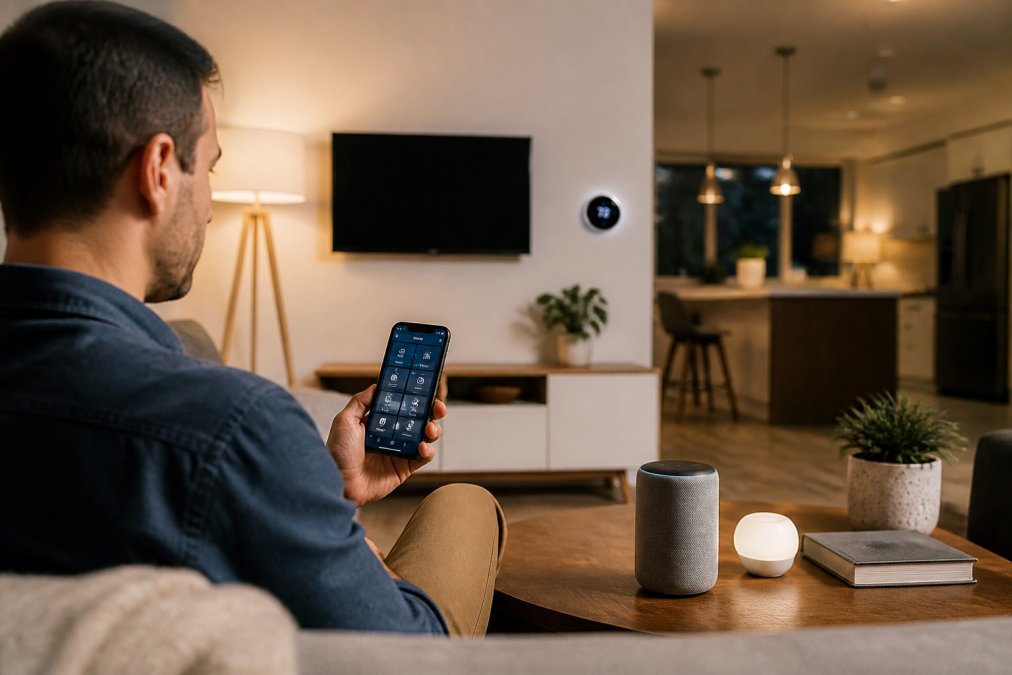 A homeowner in a modern living room holding a smartphone with a smart home app open, smart speaker, smart bulbs, and smart thermostat visible in the background, warm evening light