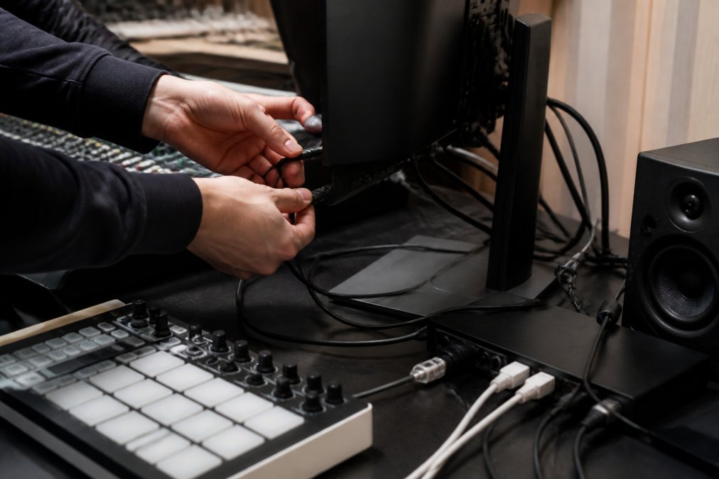 Lighting technician connecting cables to a computer running DMX software on a professional desk setup