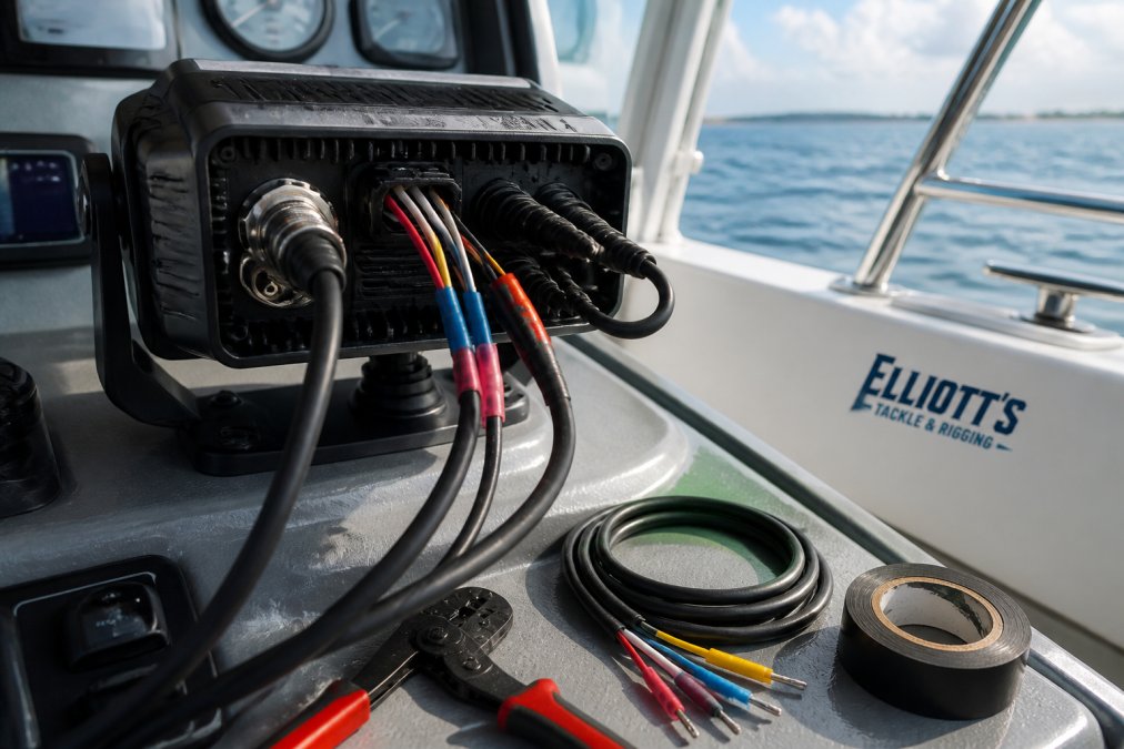 Close-up of VHF radio mounted on modern boat console with visible data ports, color-coded wiring connections, and marine electronics setup in natural daylight