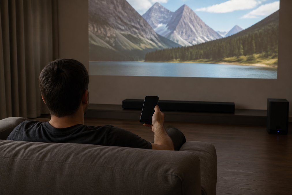 A person sitting on a couch in a dim home theater room, holding a smartphone and pointing it toward a projector displaying a movie on the wall, with a wireless soundbar visible near the screen